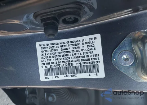 2020 Honda Civic Ex from USA, damaged, VIN 19XFC1F31LE022836